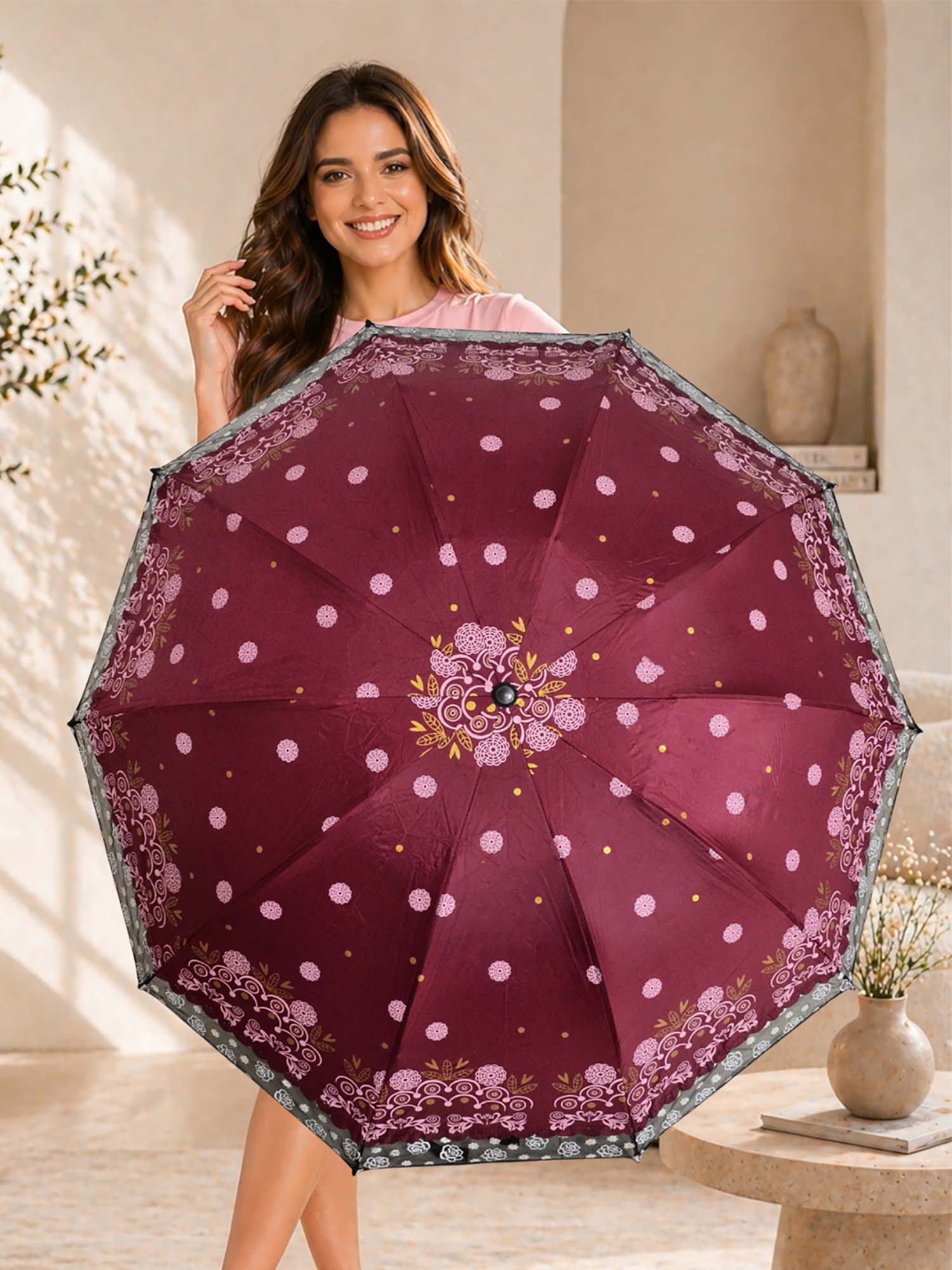 Buy FABINALIV Maroon Floral Waterproof 3 Fold Compact Printed