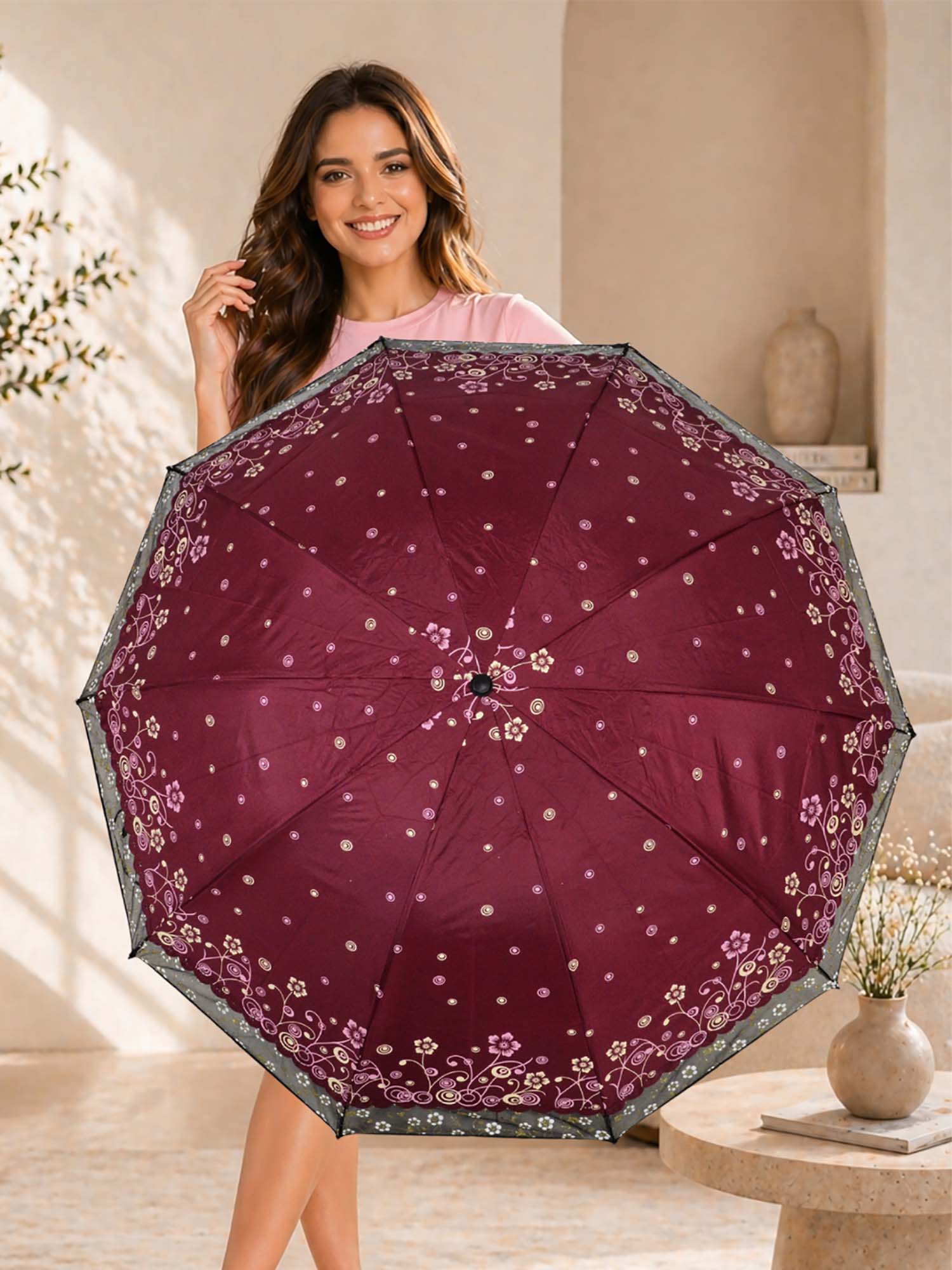 Buy FABINALIV Maroon Floral Waterproof 3 Fold Compact Printed