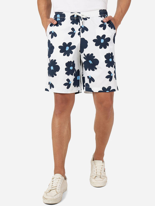 JadeBlue Mens 100% Cotton Floral Print Slim Fit Shorts White Navy Blue