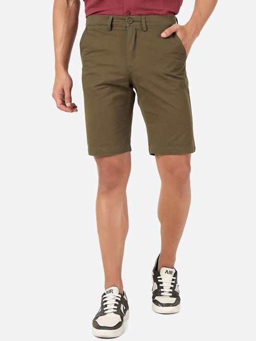 JadeBlue Mens 100% Cotton Solid Slim Fit Shorts Olive Green