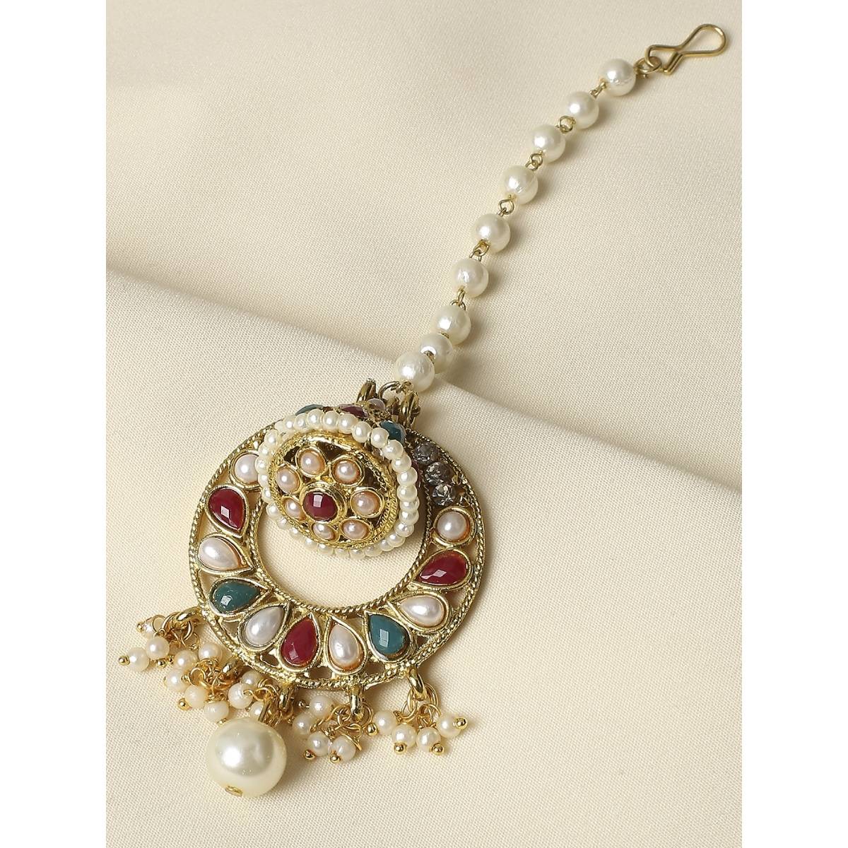 OOMPH Gold Tone Red Green Stones & Pearls Jadau Ethnic Borla Maang Tikka