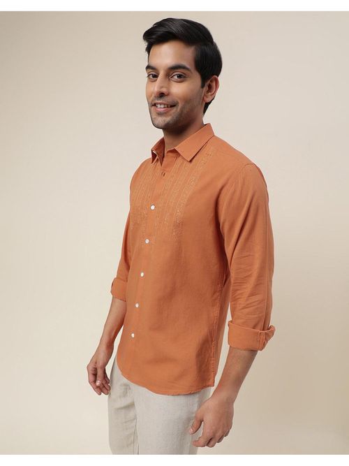 Fabindia Orange Cotton Embroidered Shirt