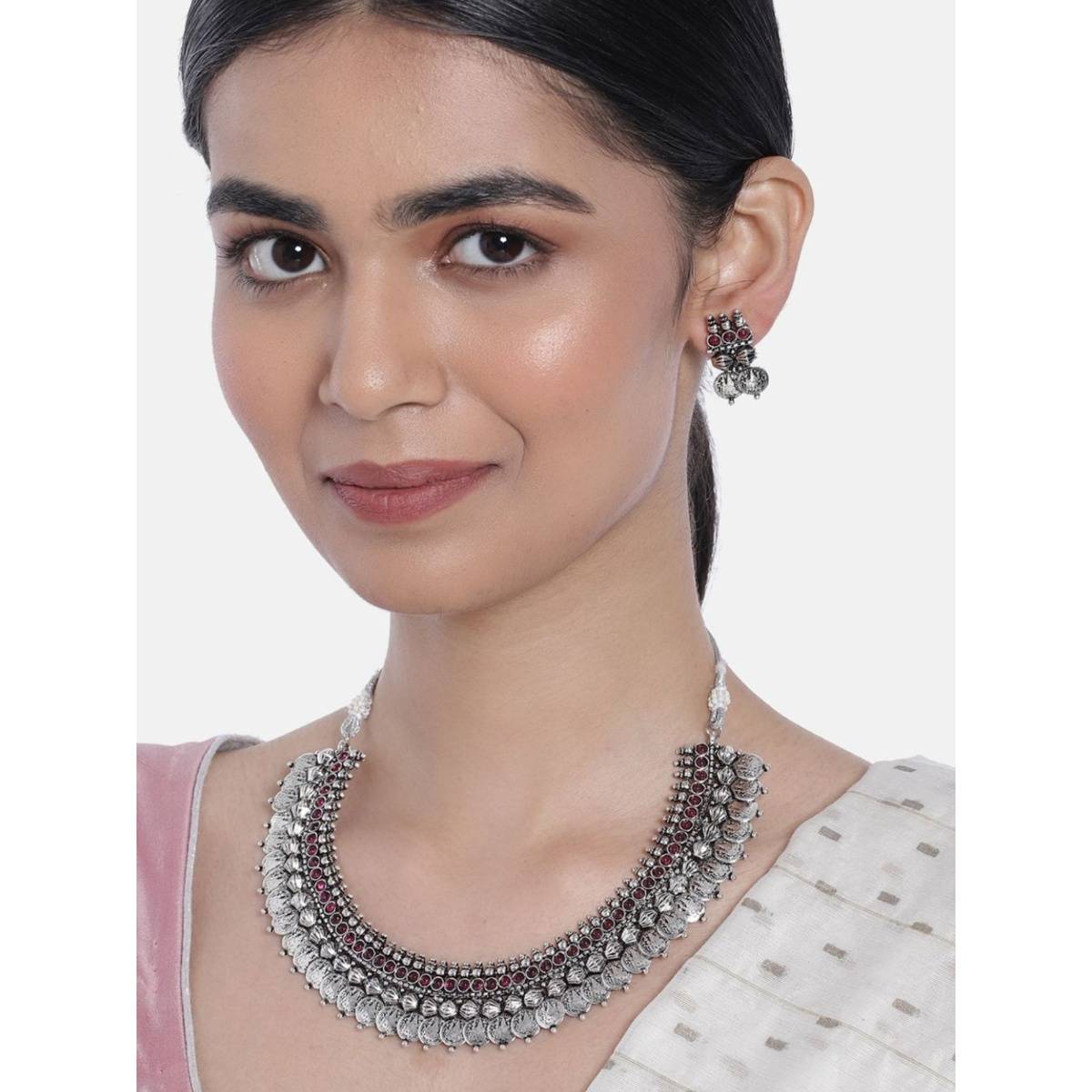 I Jewels Silver Oxidised Traditional Style Coin Necklace with Earrings