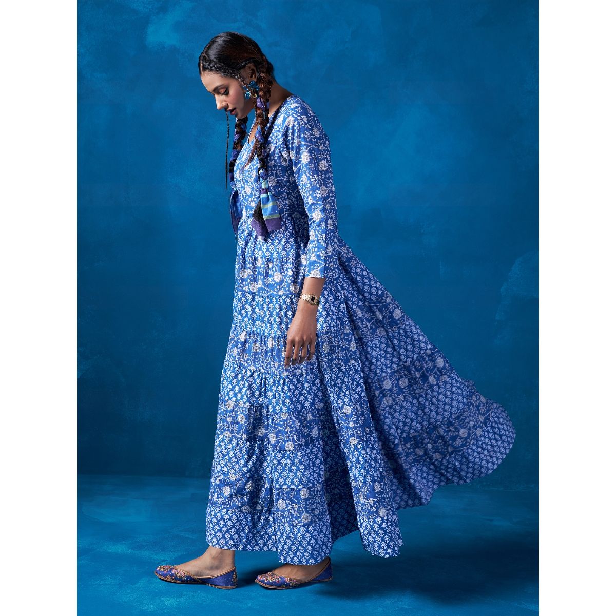 Likha By Nykaa Fashion Blue Jaipuri Hand Block Printed Tiered Maxi