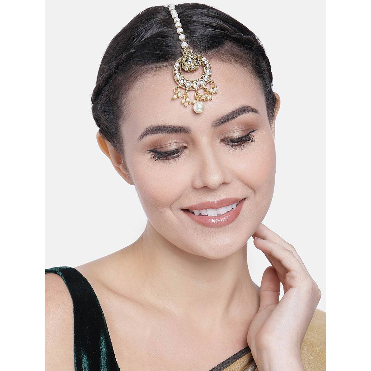Peora Gold Plated Indian Traditional Crystal Kundan Ethnic Mathapatti-Maangtikka