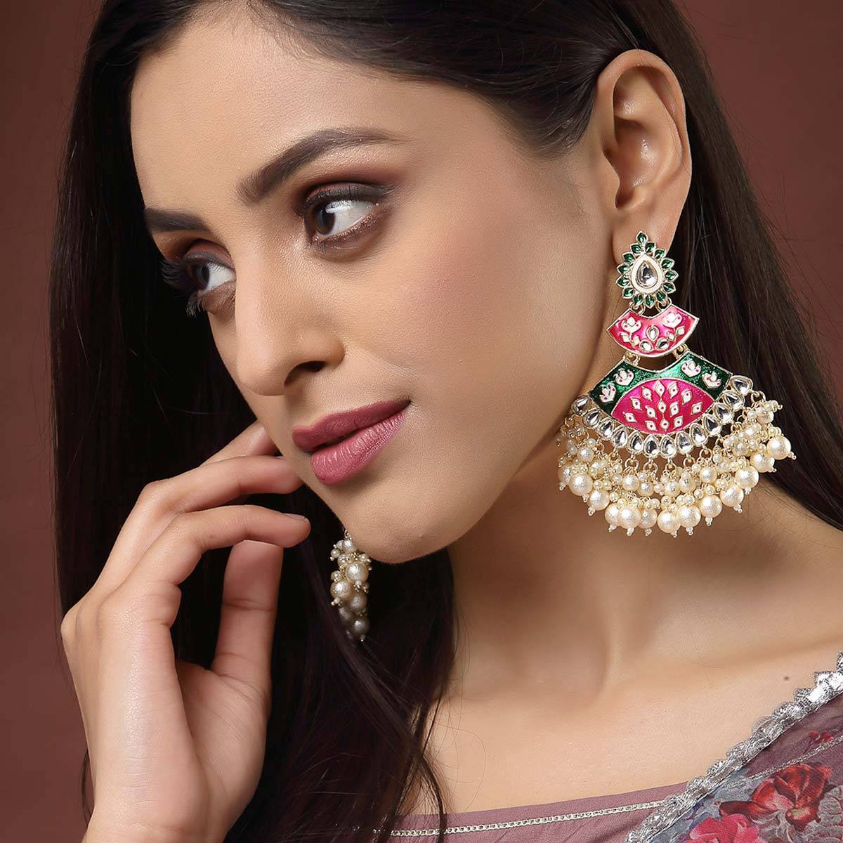 PANASH Green & Pink Enameled Gold-Plated Kundan Stone-Studded Drop Earrings