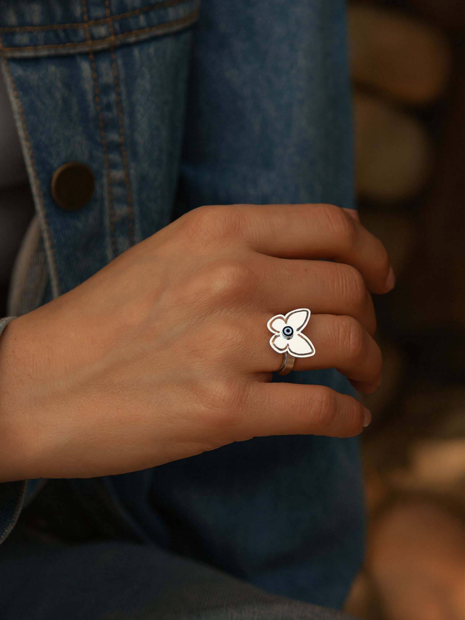 Digital Dress Room Silver-Plated Butterfly Evil Eye Adjustable Finger Ring