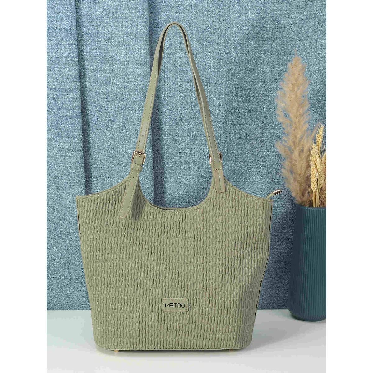 Metro Stylish Faux Leather Shoulder Bag with Applique Branding and Zipped Closure, Green