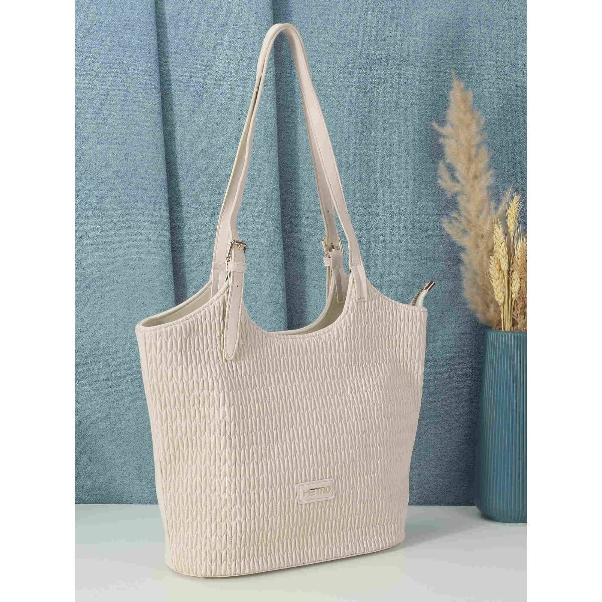 Metro Stylish Faux Leather Shoulder Bag with Applique Branding and Zipped Closure, Off White