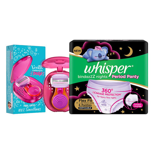 Buy Whisper & Venus Femcare Combo - Whisper Bindazz Nights Period Panties +  Venus Snap Razor Online