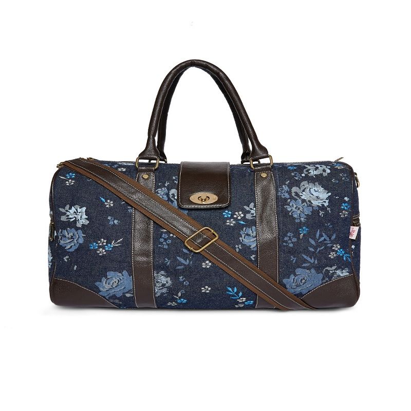 Pick Pocket Navy Blue Denim Floral Printed Duffle Bag