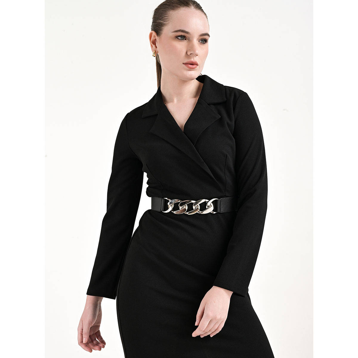 Kazo Black Silver Metal Chain Accented Elasticated Belt