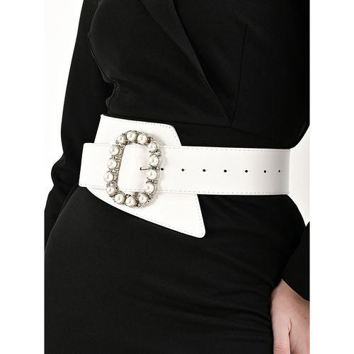 Buy Kazo White Embellished Buckle Broad Belt Online