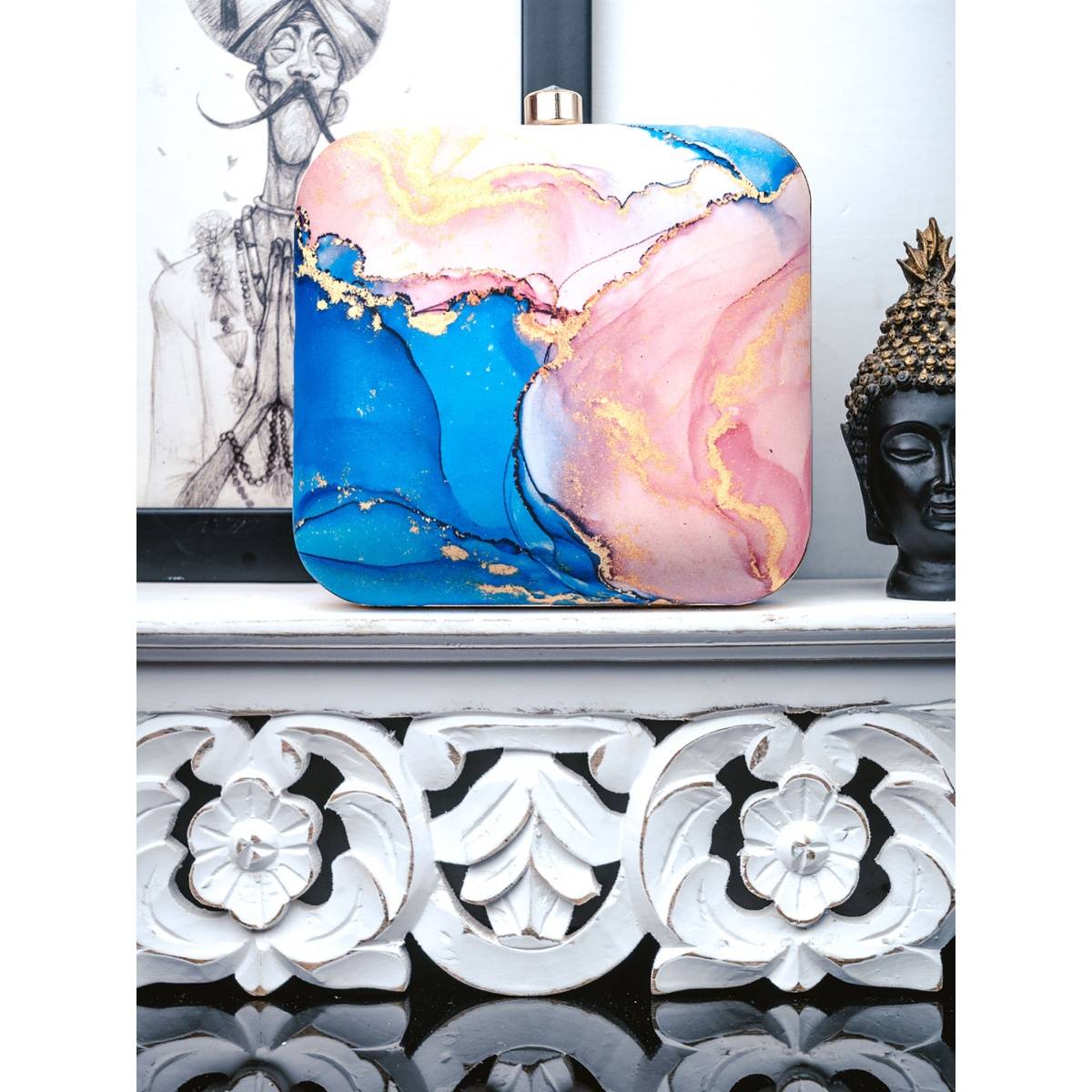 NR BY NIDHI RATHI Printed Blue Clutch