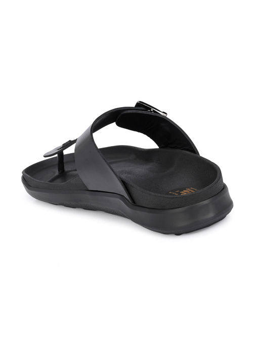Hitz Men's Black Leather Open Toe Slippers