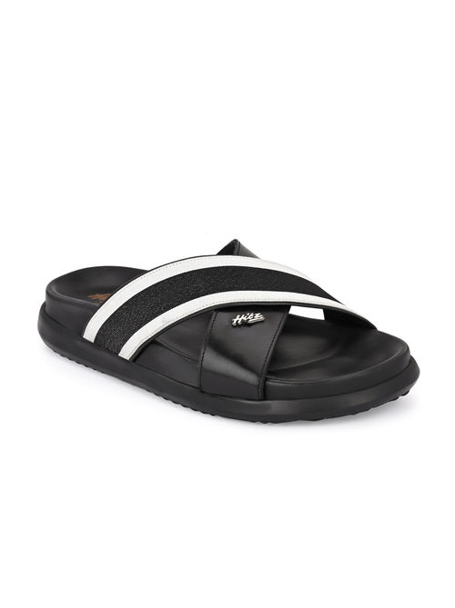 Buy Hitz Men's Black Leather Open Toe Cross Strap Slippers Online