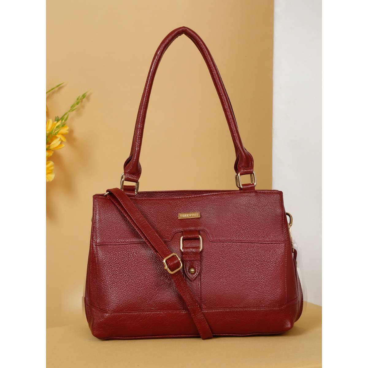 Teakwood Leather Red Shoulder Bag with Detachable Strap