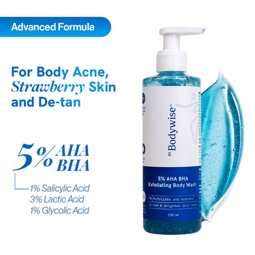 Be Bodywise 5% AHA BHA De-Tan Body Wash - For Body Acne, Strawberry Skin & Exfoliating