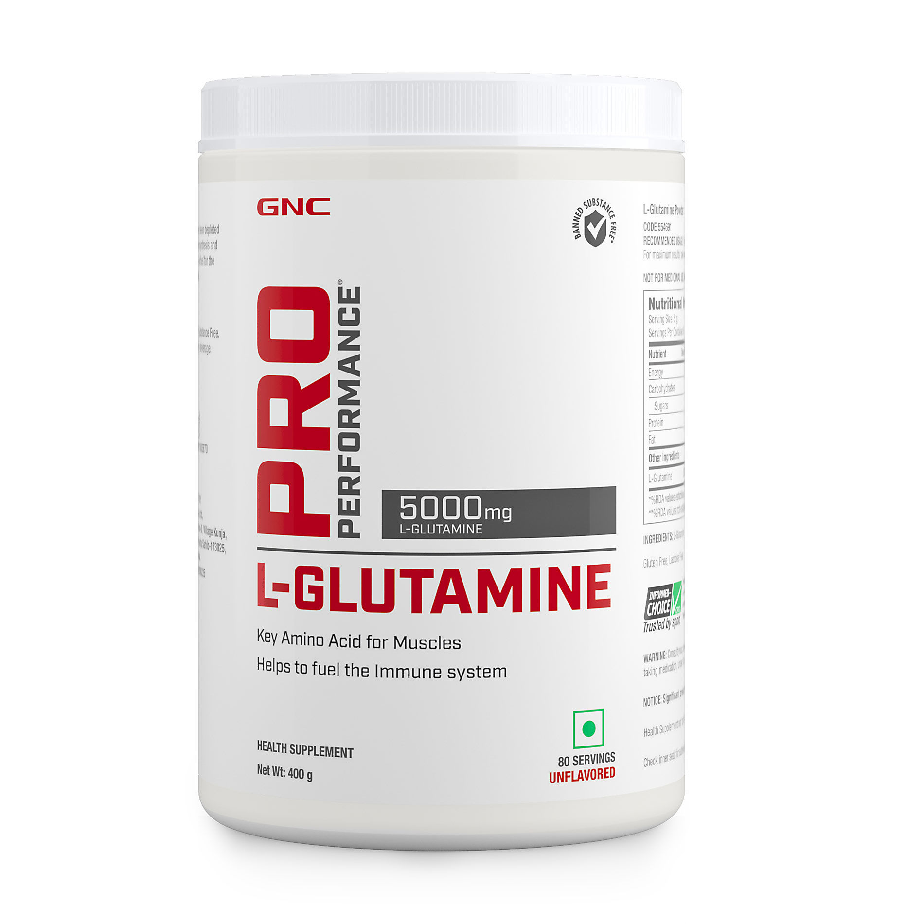 GNC Pro Performance L-Glutamine Powder 5000 mg - 80 Servings - 0.88 lbs (Unflavored)
