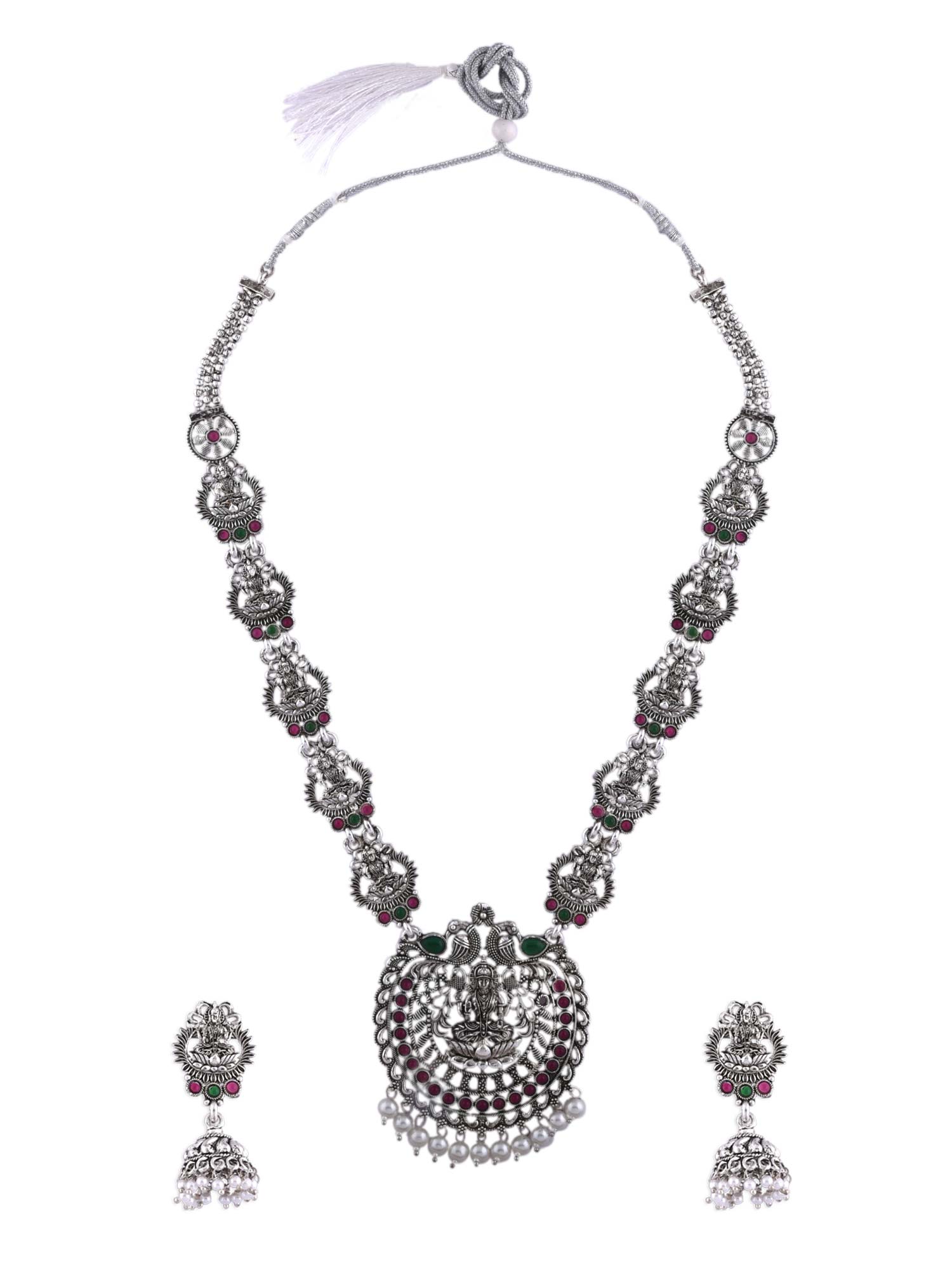 Fida Wedding Ethnic Temple Oxidised Silver Plated White Pearl Necklace & Earring Jewellery Set