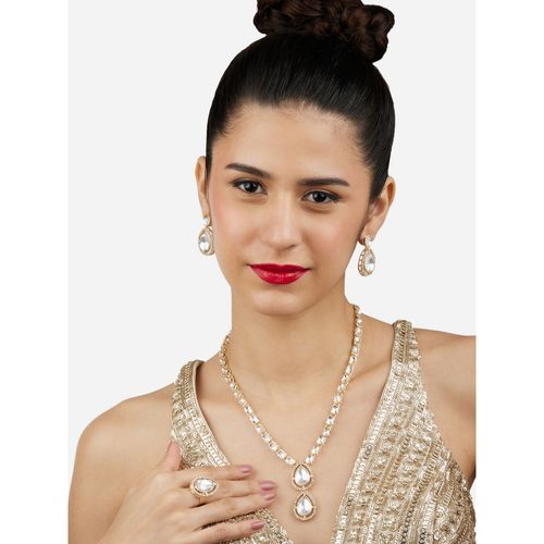 Zaveri Pearls Gold Tone Dazzling Austrian Diamonds Kundan Necklace  Earrings& Ring Set-ZPFK17131
