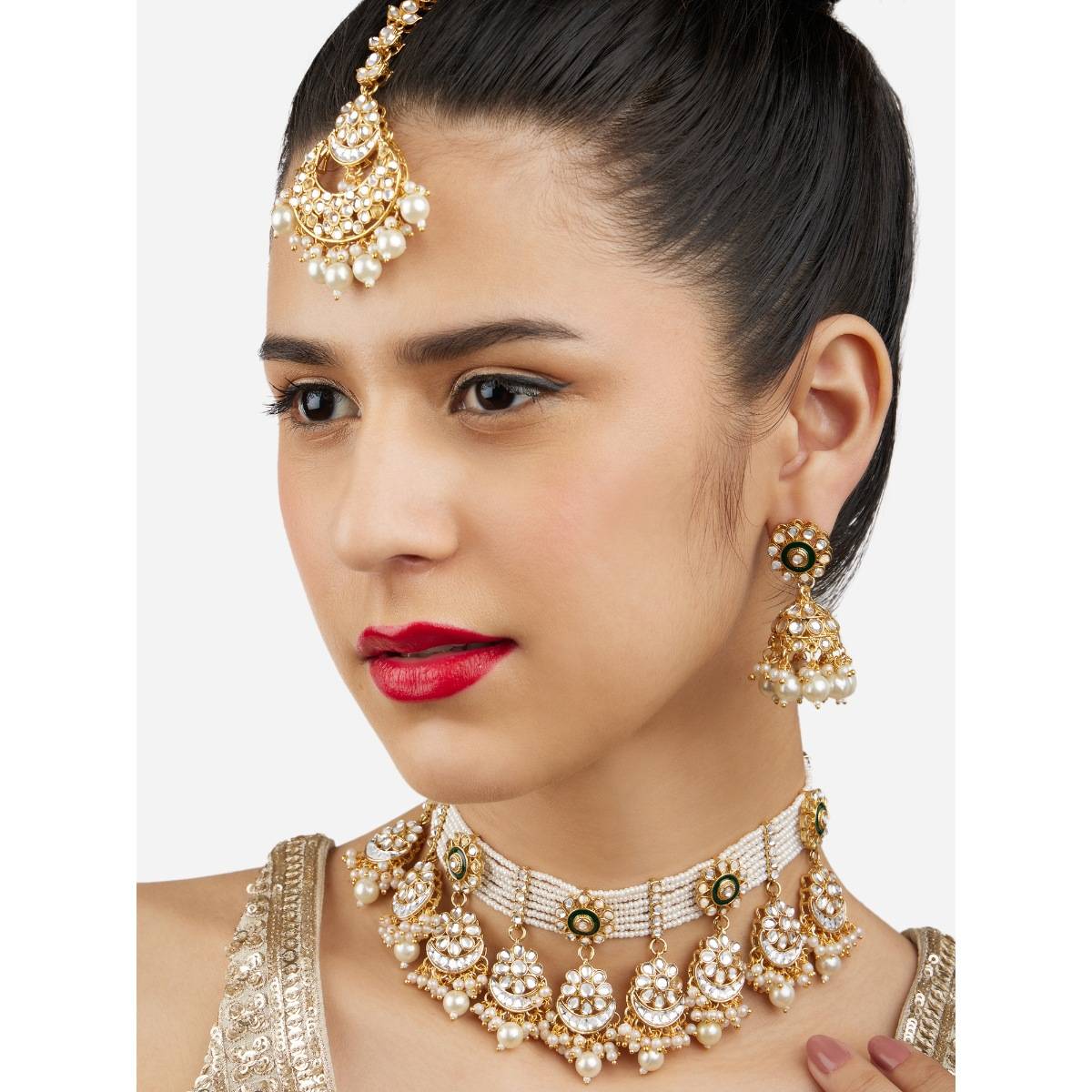 Zaveri Pearls Green Meenakari Kundan Choker Necklace Earring & Maang Tikka Set-ZPFK17191