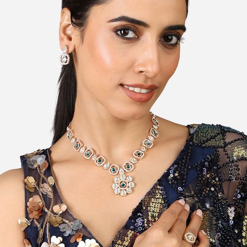 Buy Zaveri Pearls Green Austrian Diamonds Kundan Necklace Earrings