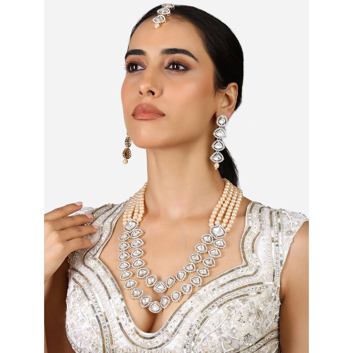 Zaveri Pearls Gold Tone Multistring Stone Necklace Earring & Maang Tikka Set-ZPFK17318