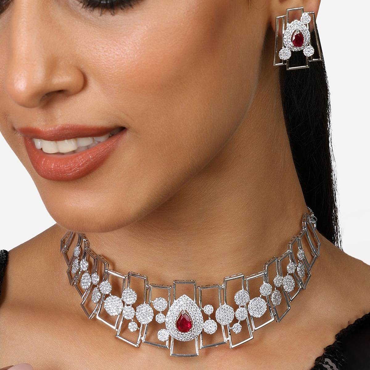 Zaveri Pearls Pink Stone Cubic Zirconia Brass Choker Necklace Earring Set-ZPFK17332
