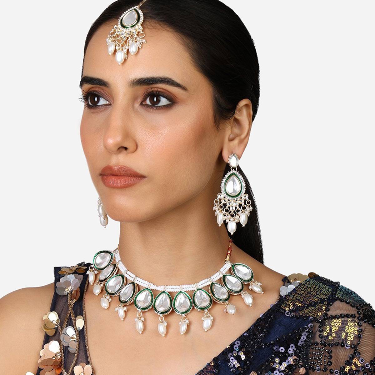 Zaveri Pearls Green Meenakari Kundan Choker Necklace Earring Maang Tikka Set-ZPFK17362