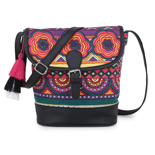 Buy Anekaant Black Multi Printed Leatherette Canvas Sling Bag Online