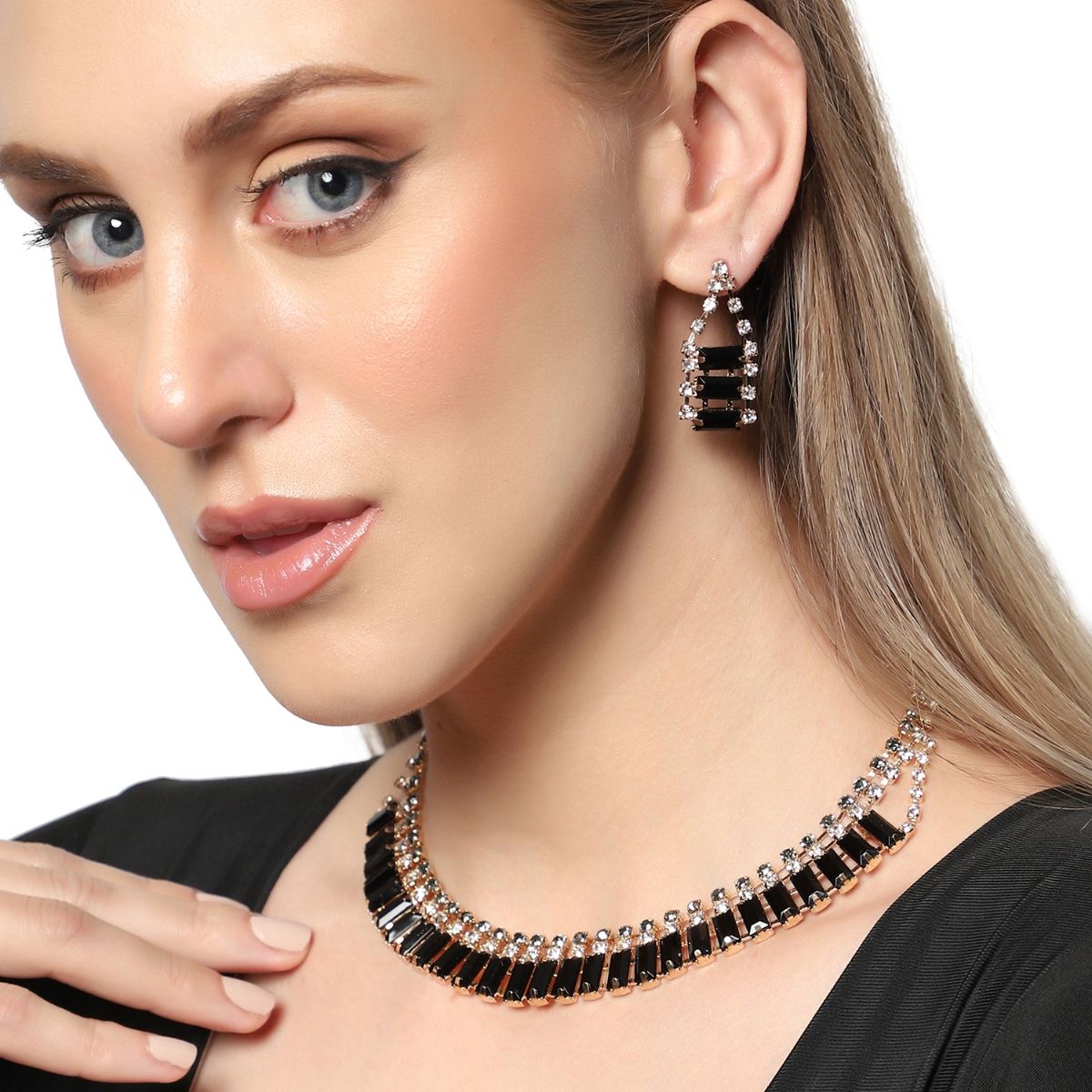 Mahi Rhodium Plated Cute & Delicate Black Crystals Necklace Set for Wo