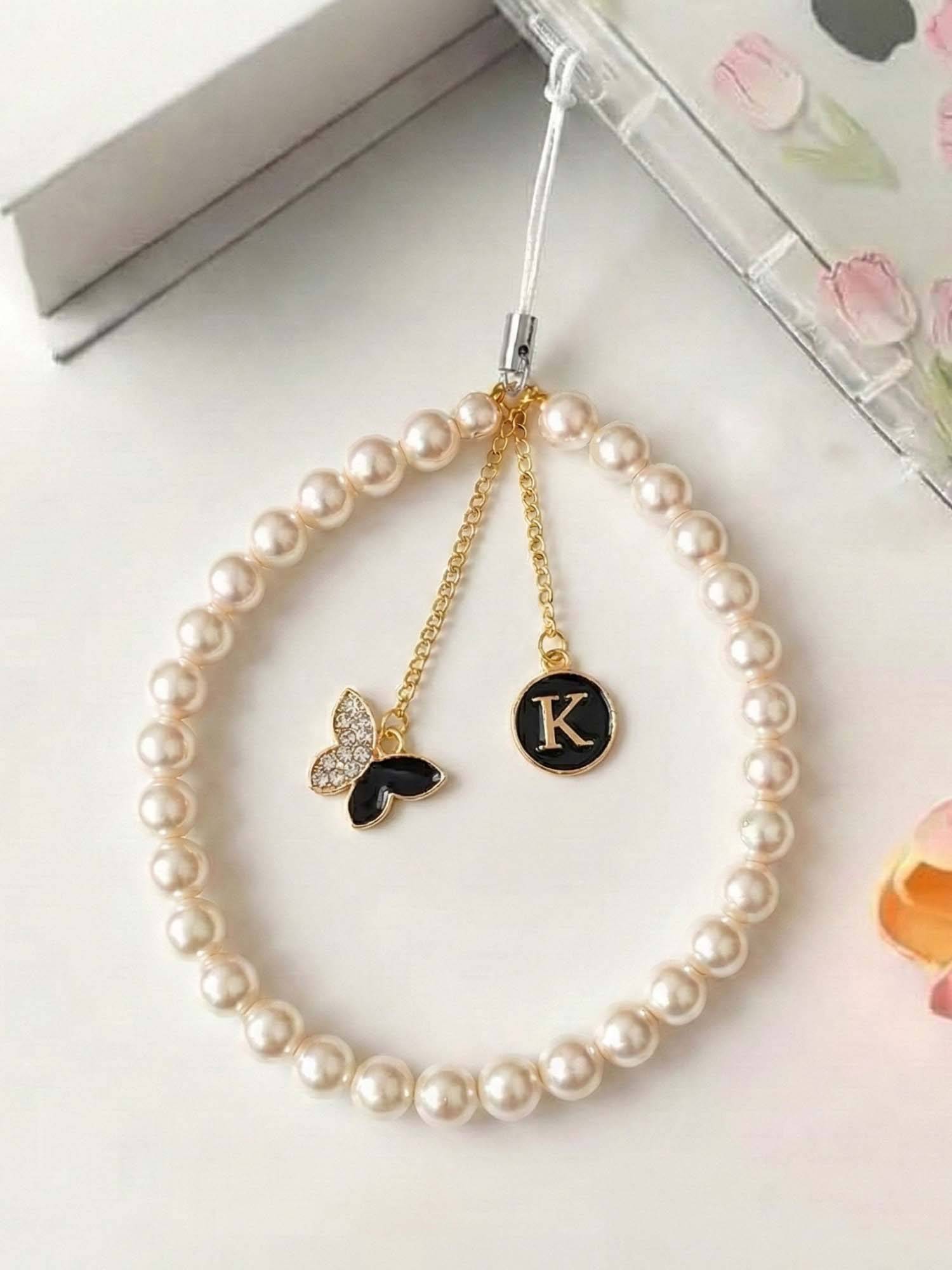 YELONA Pearl Mobile Phone Charm/Lanyard with Letter K and Butterfly Black (S)