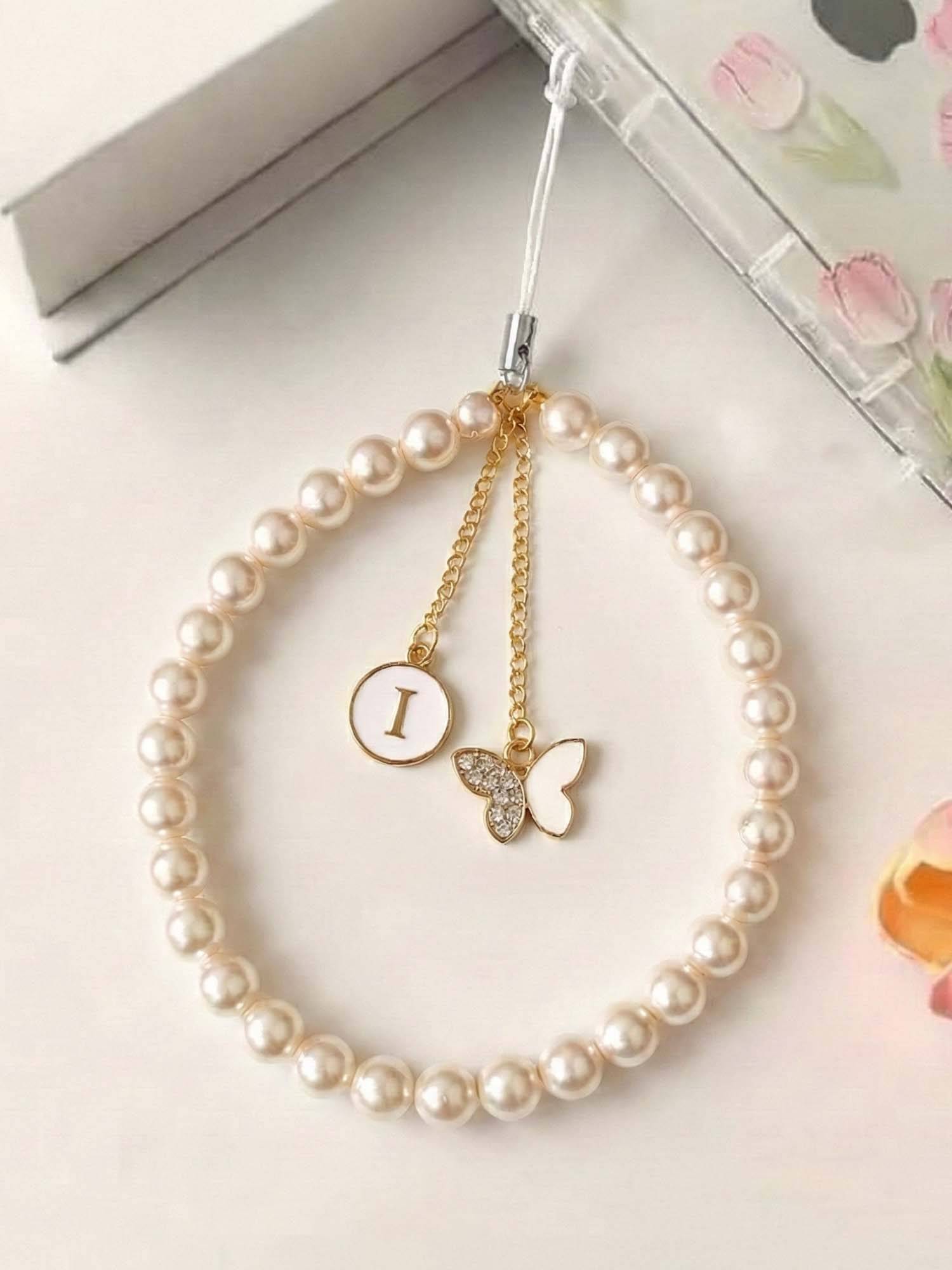 YELONA Pearl Phone Charm Strap with Butterfly Charm Elegant Wrist Lanyard White (S)