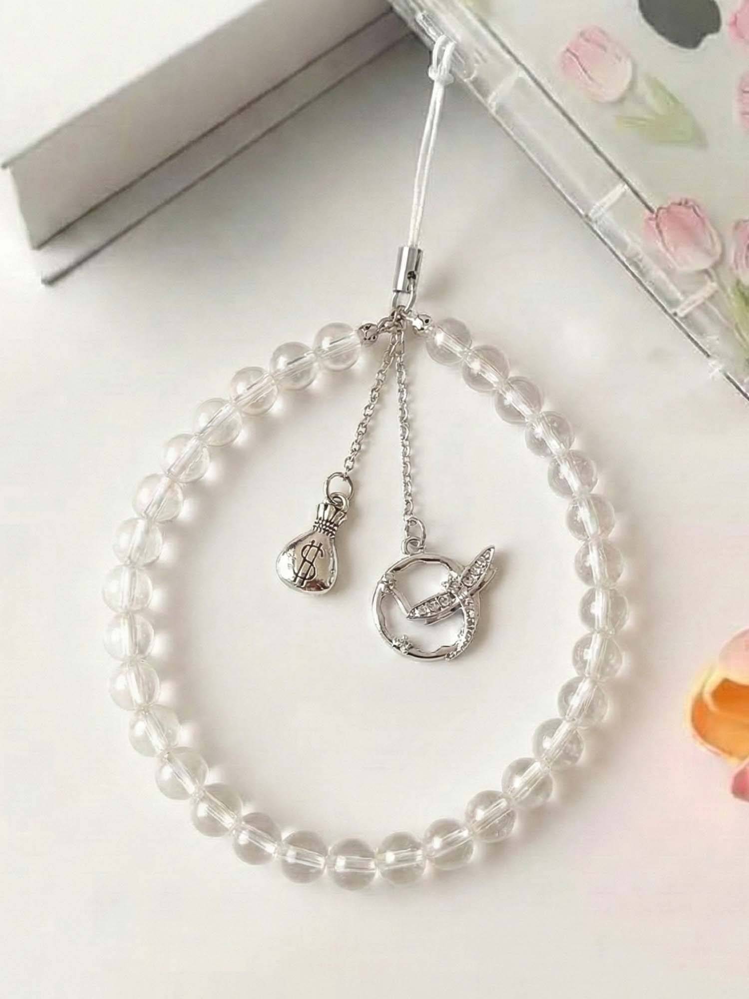 YELONA Beaded Phone Charm Wrist Strap Crystal Beads with Charm Silver (S)