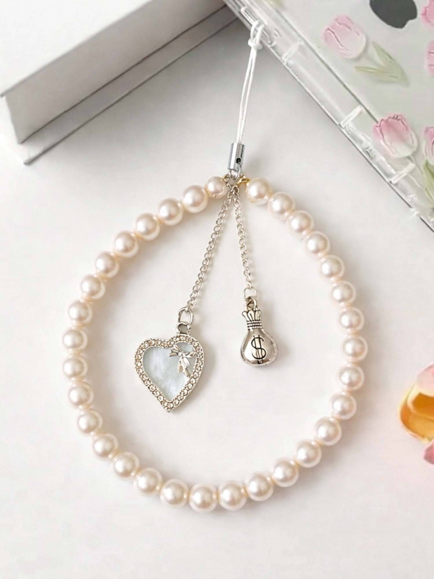 YELONA Pearl Mobile Phone Charm/Lanyard Wrist Strap Heart and Dollar Details White (S)