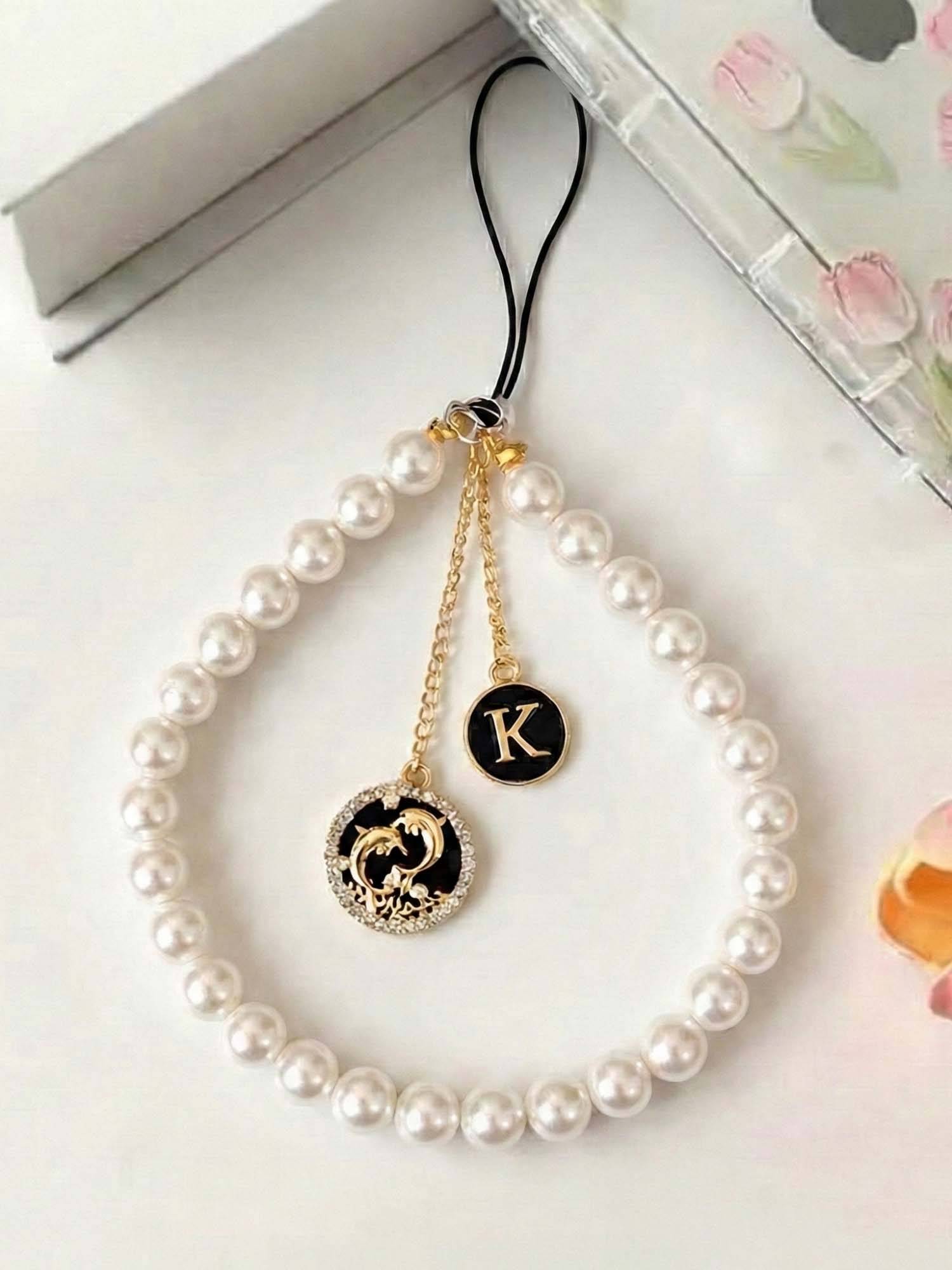 YELONA Pearl Phone Charm Wrist Strap with Dolphin Pendant and Initial K Black (S)
