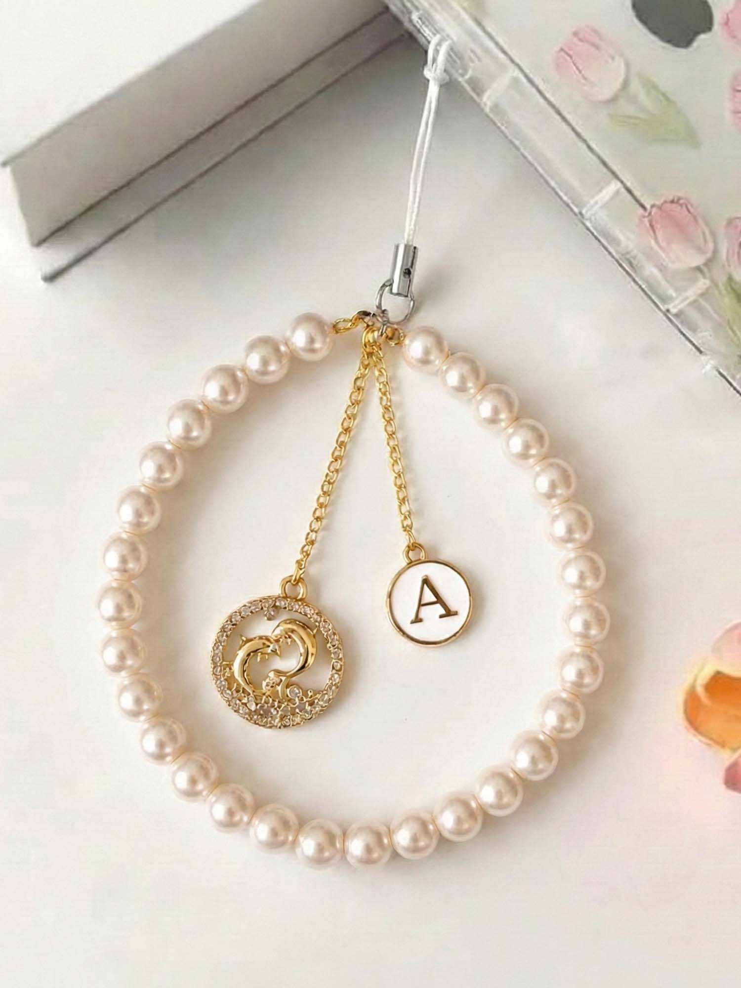 YELONA Pearl Phone Charm Wrist Strap Dolphin Pendant Initial A White (S)