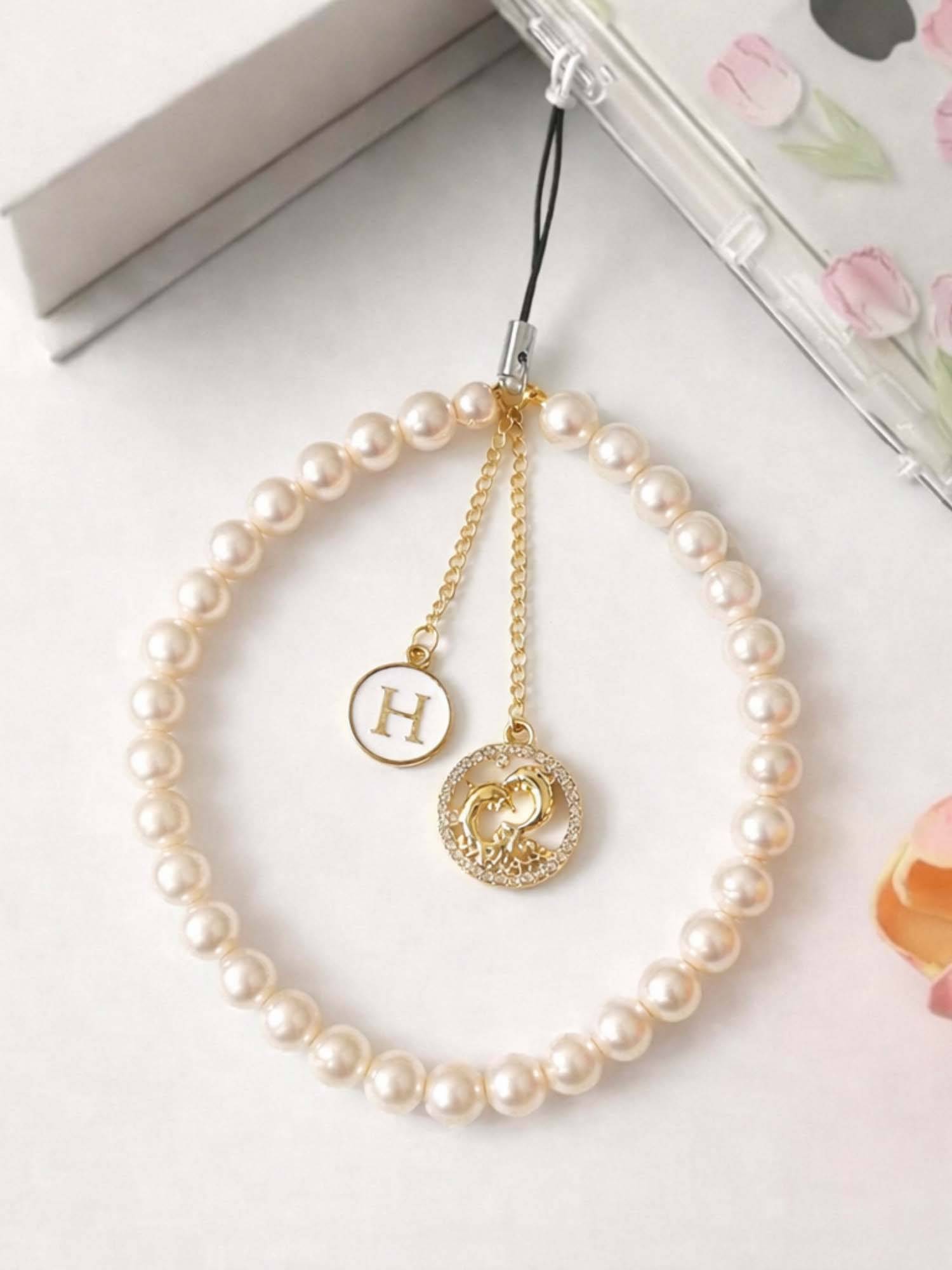 YELONA Pearl Phone Charm Wrist Strap Dolphin Pendant Initial H White (S)