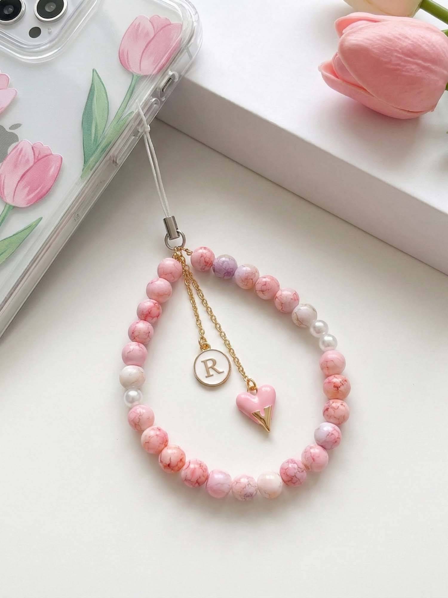 YELONA Pearl Phone Charm Bracelet Heart Pendant Initial R Pink (S)