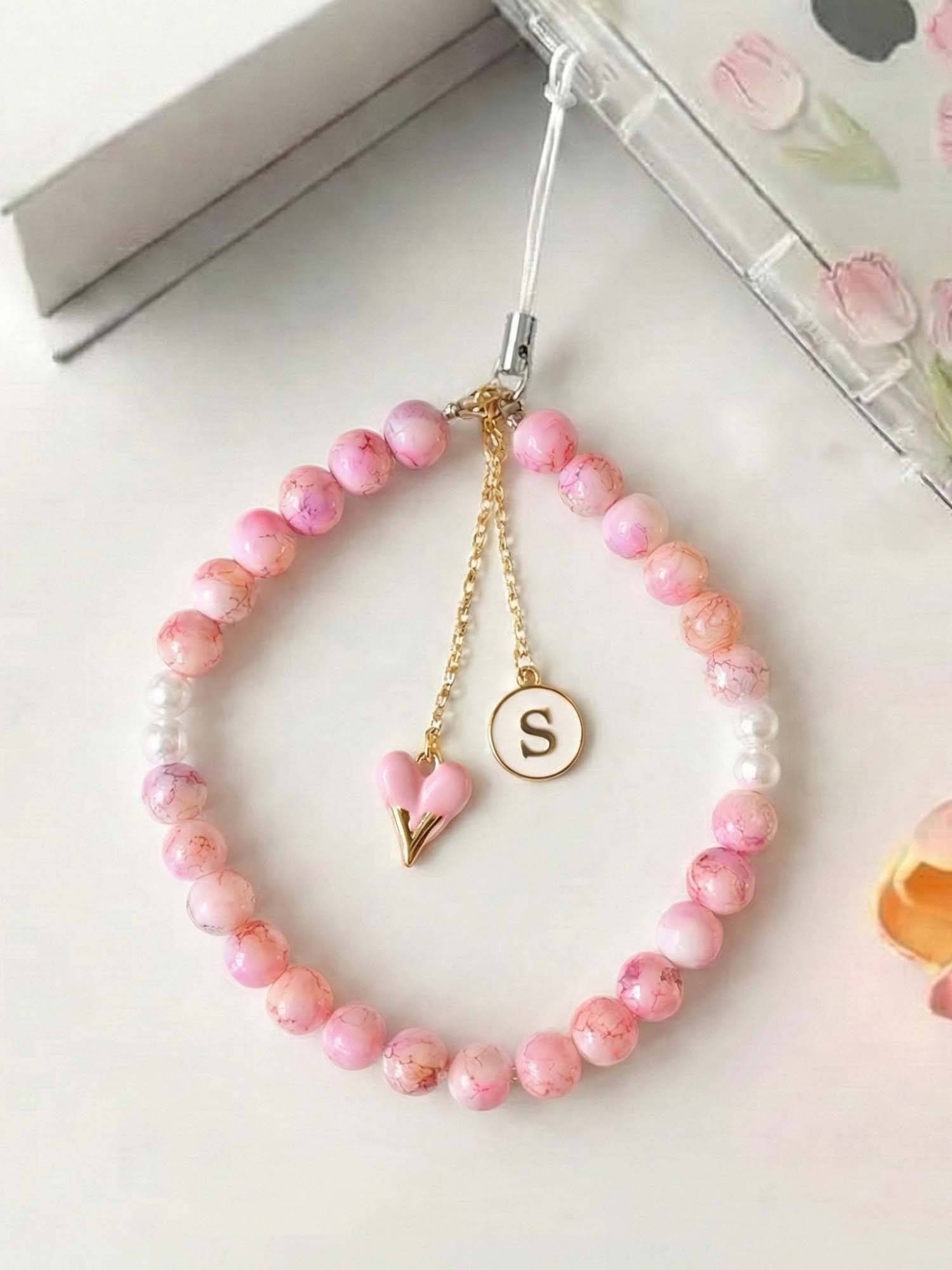 YELONA Beaded Phone Charm Wrist Strap Heart Initial Pendant Pink (S)