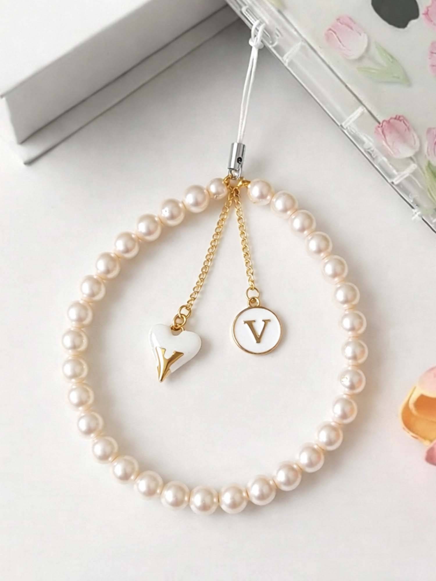 YELONA Pearl Phone Charm Strap Elegant Heart Pendant Initial V White (S)