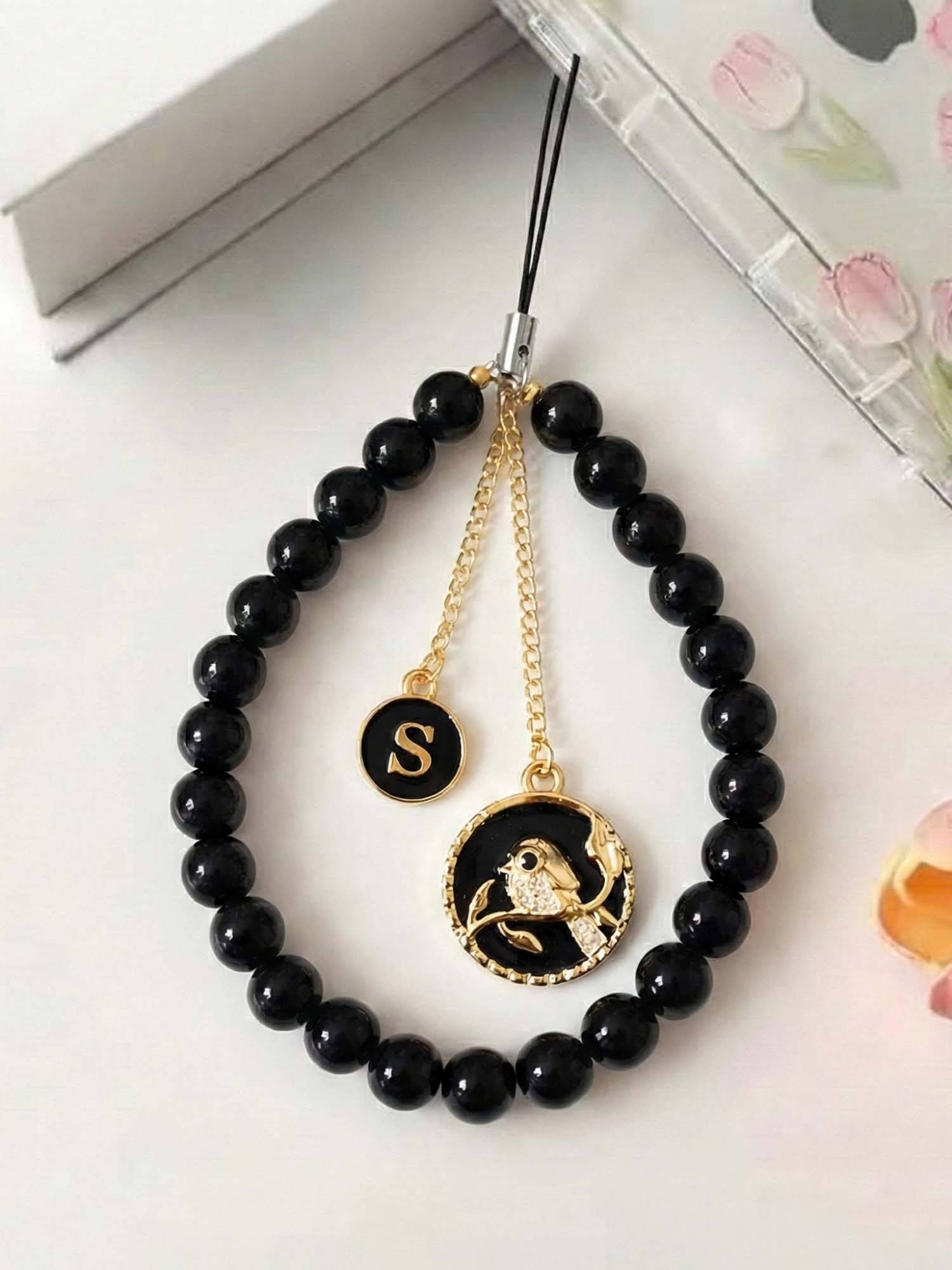 YELONA Parrot and Initial Beaded Phone Charm - Anti-Lost Wrist Strap, Black (S)