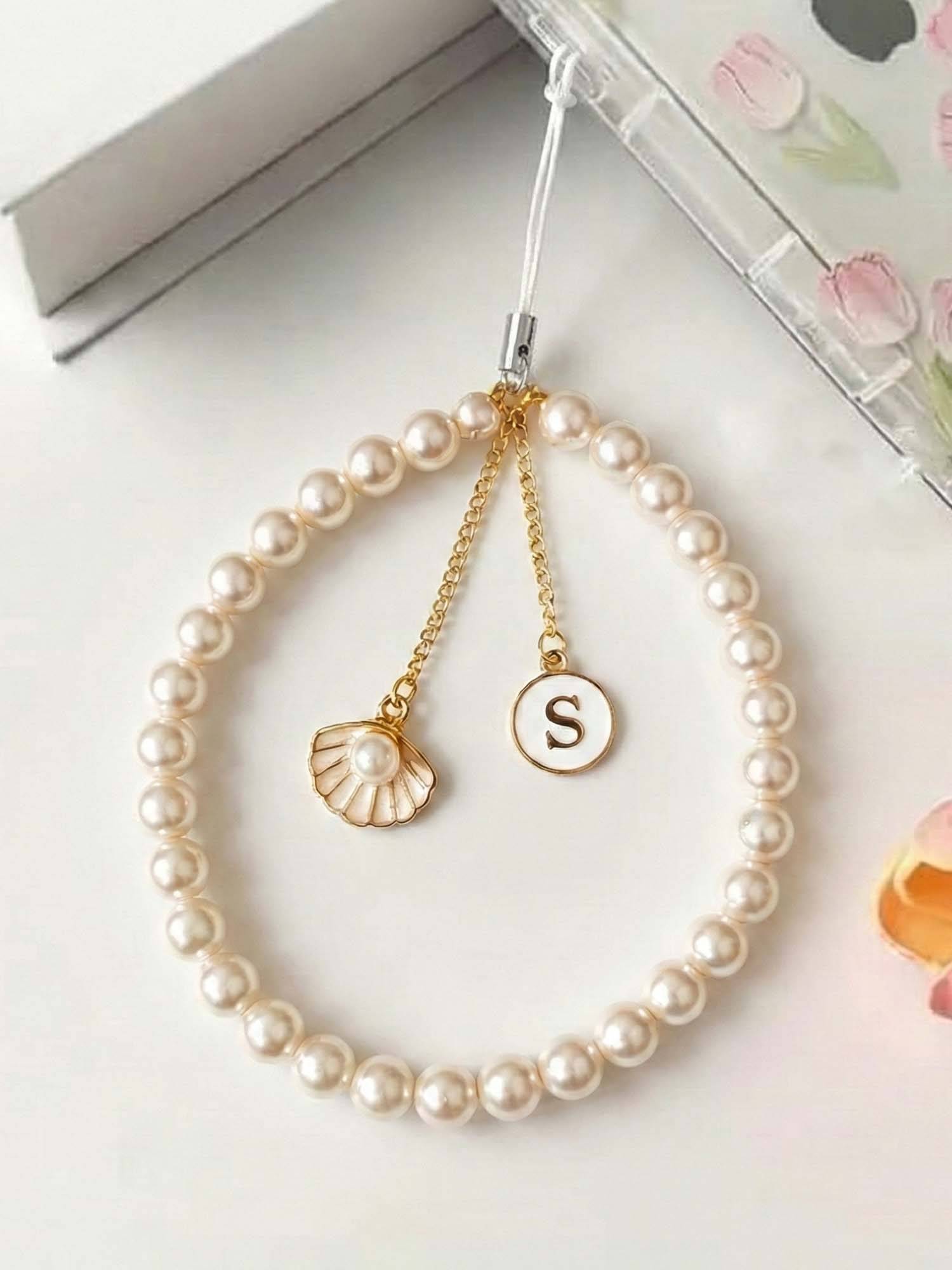 YELONA Pearl Initial Phone Strap - Elegant Shell Charm with Initial Word S - White (S)