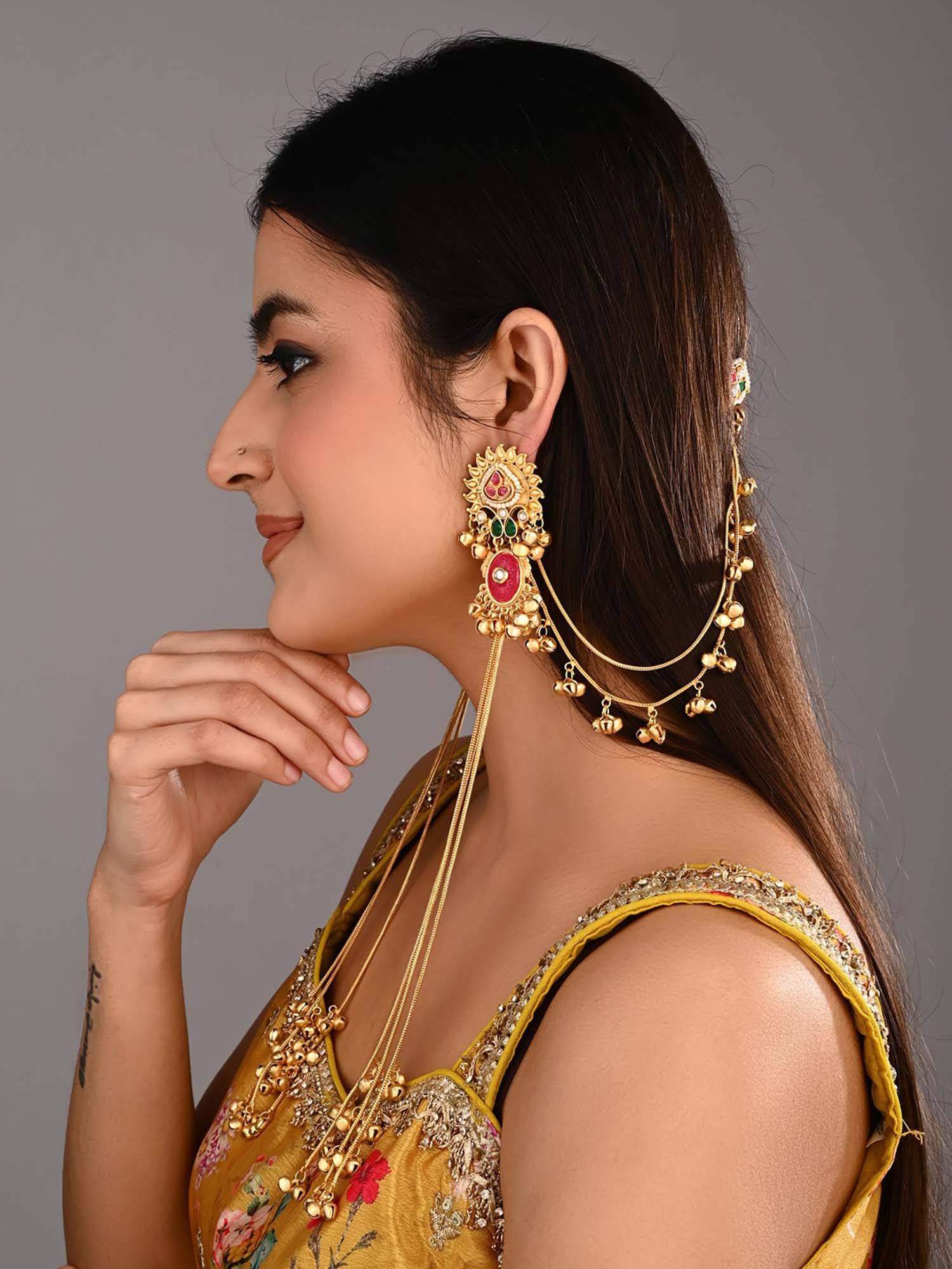 Anvik Gold plated Multi-Colour long Kashmiri Long Earrings with Ear Chain
