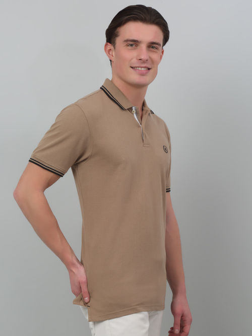 Buy Cantabil Men Brown Solid Polo Neck Half Sleeves T-Shirt Online