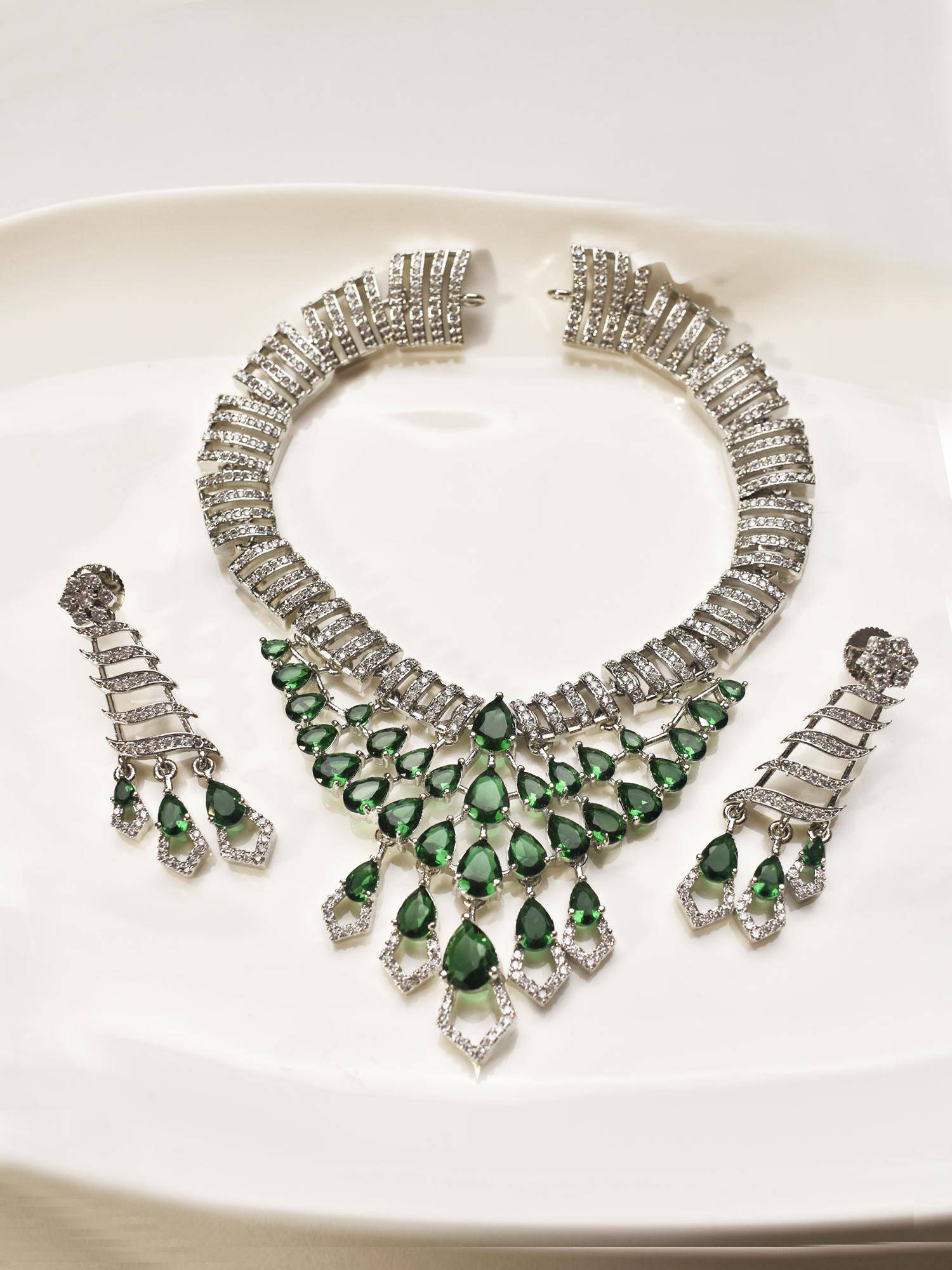 Peach Tassels Green Gemstone AD Necklace Set
