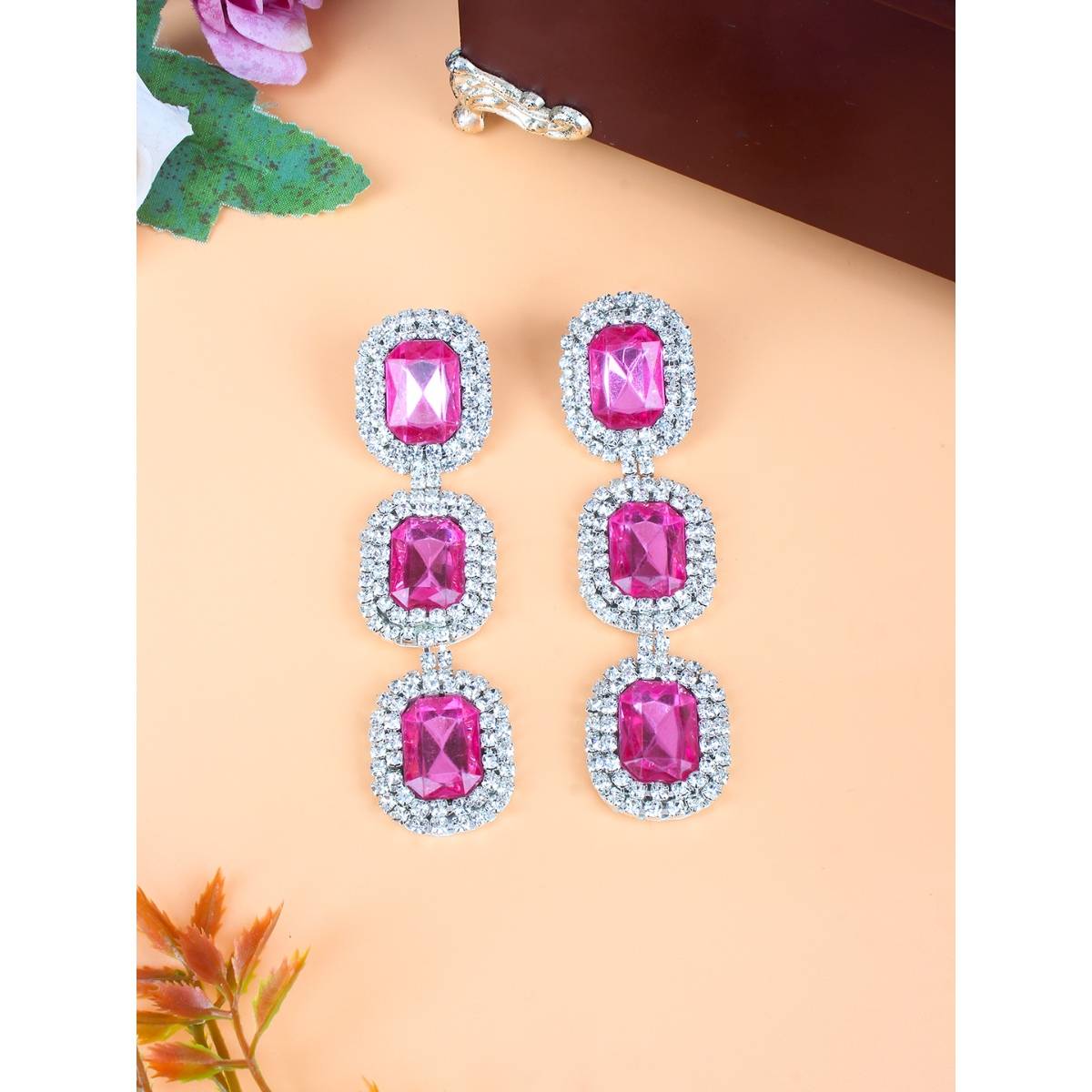Da Firenzie Silver-Plated Pink Rhinestone Drop Earrings