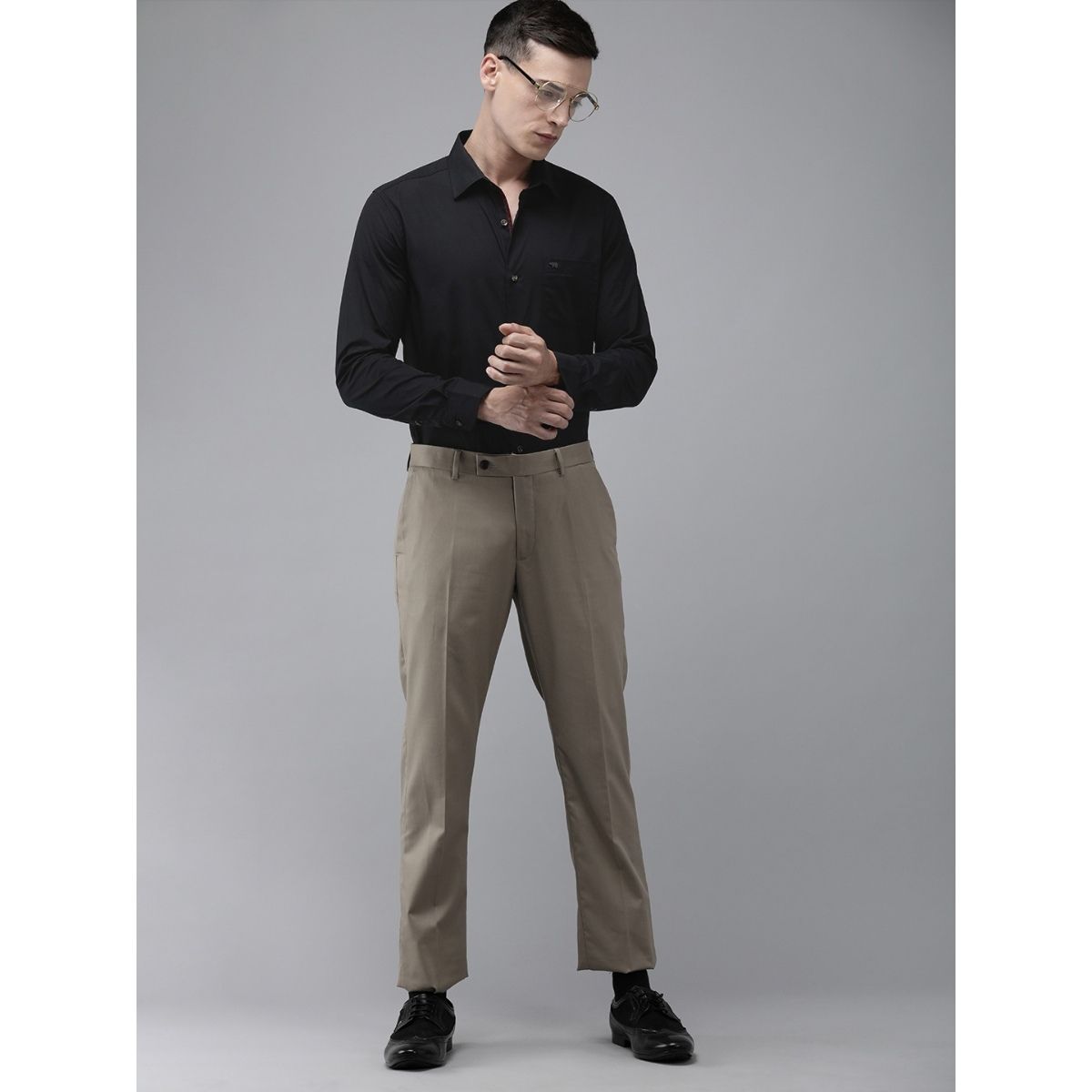 Men's Grey Long Sleeve Shirt, Navy Dress Pants, Dark Brown Woven Leather  Tassel Loafers | Lookastic