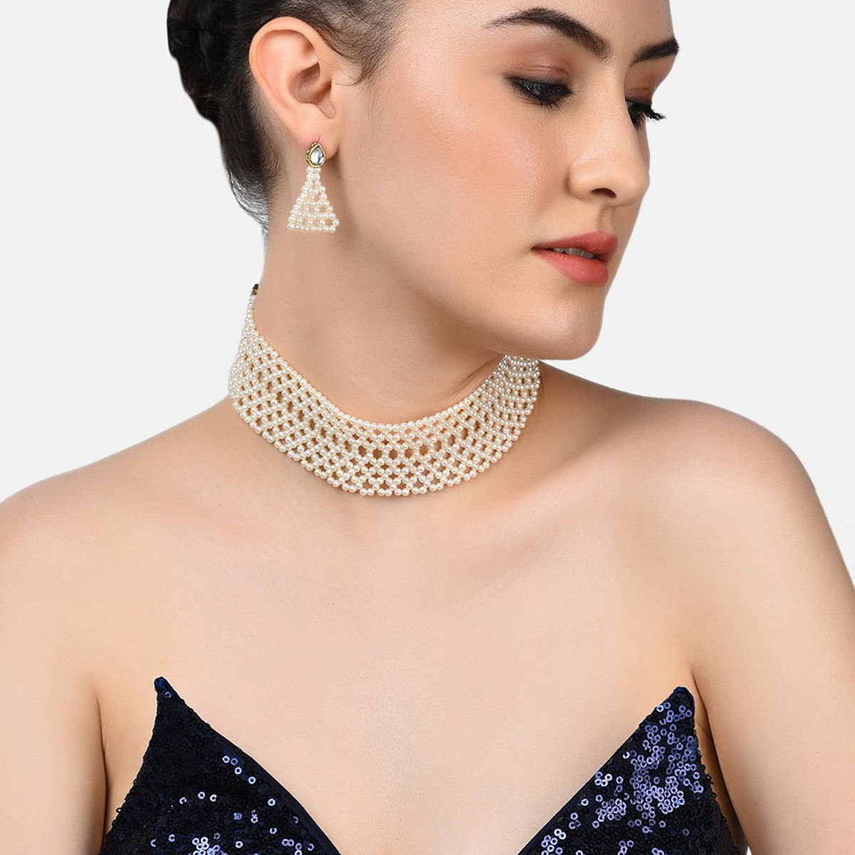 Buy Silver Plated Embellished Pearl Polki Studded Choker Necklace Set by  Swabhimann Jewellery Online at Aza Fashions.